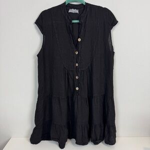 Puro Lino Black Linen Sleeveless Tiered Mini Dress L